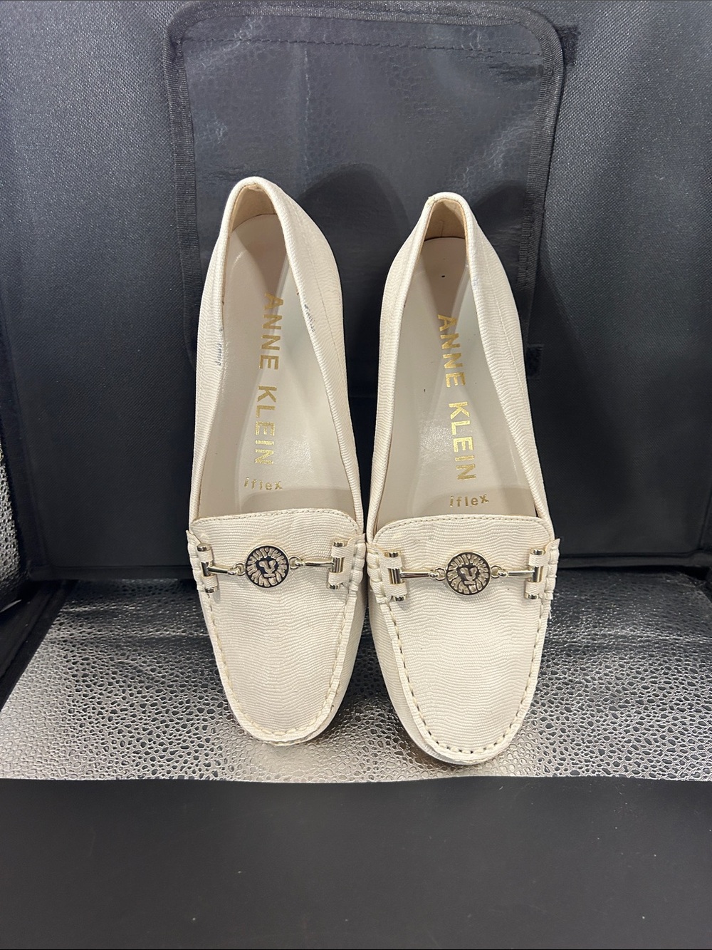 Anne Klein Ivory Leather Slip-On Loafers with Gold Accent